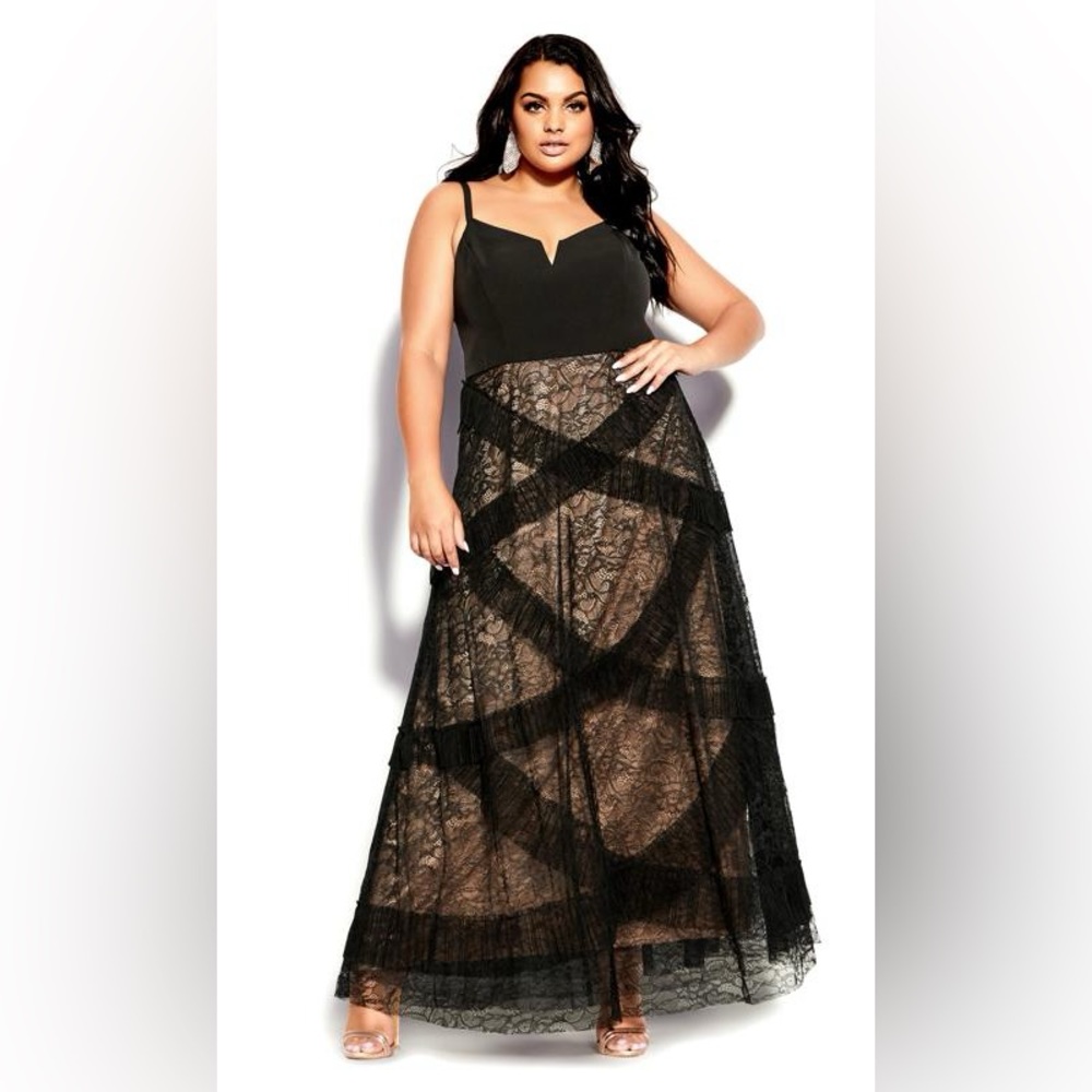NWT City Chic Sexy Ruffle Maxi Dress Black L/20 Evening Party Romantic Lace